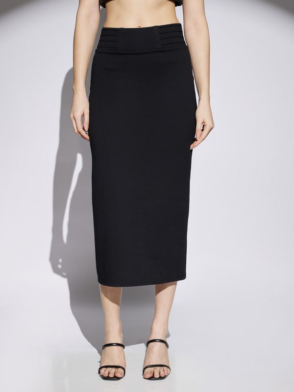 Globus Women Black Mid Rise Back Slit Stretchable Pencil Midi Skirt