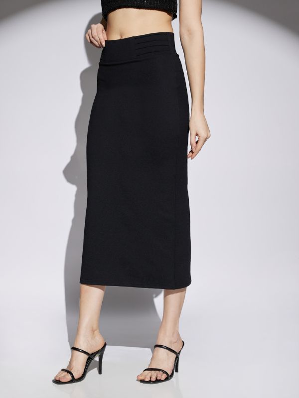 Globus Women Black Mid Rise Back Slit Stretchable Pencil Midi Skirt