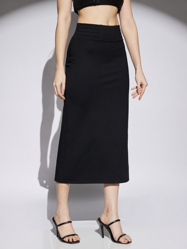 Globus Women Black Mid Rise Back Slit Stretchable Pencil Midi Skirt