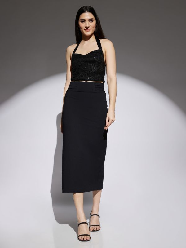 Globus Women Black Mid Rise Back Slit Stretchable Pencil Midi Skirt