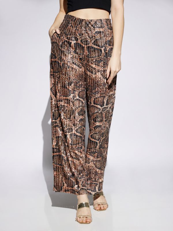 Globus Women Gold Animal Print Mid Rise Accordion Pleats Wide Leg Party Wear Trousers