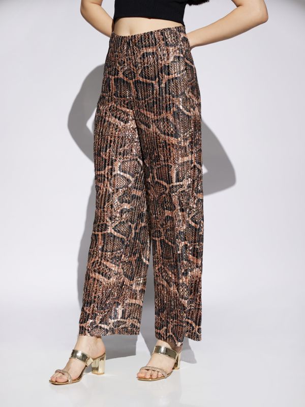 Globus Women Gold Animal Print Mid Rise Accordion Pleats Wide Leg Party Wear Trousers