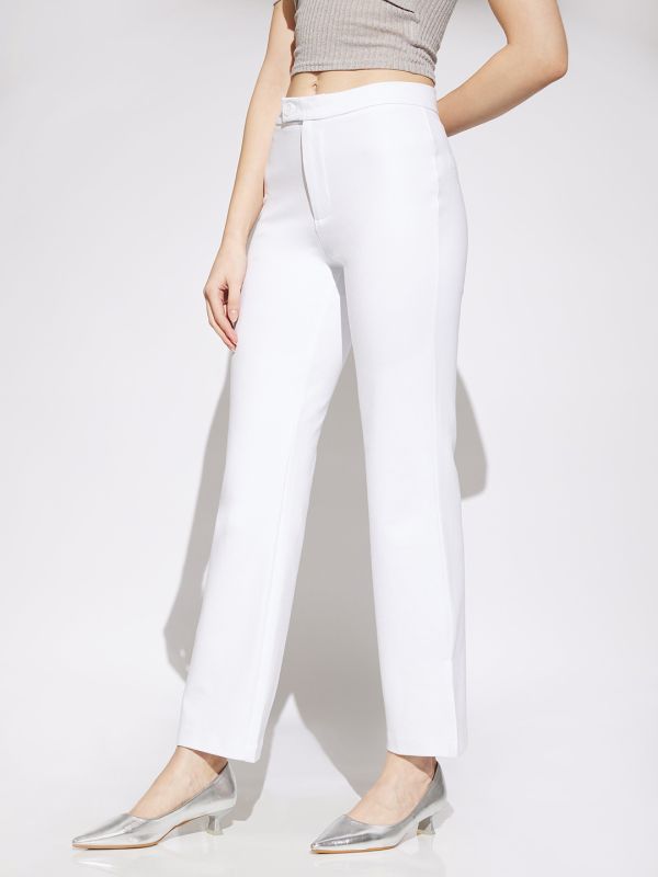 Globus Women White Solid Mid Rise Straight Fit Stretchable Trousers