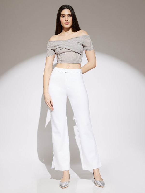 Globus Women White Solid Mid Rise Straight Fit Stretchable Trousers