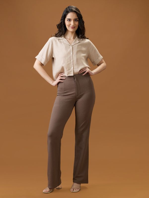 Globus Women Mouse Self Design Mid Rise Tapered Fit Stretchable Trousers