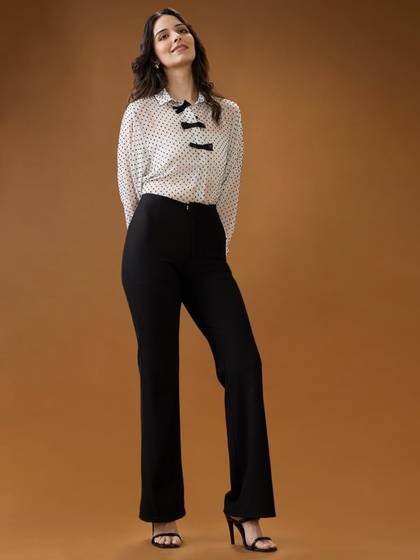Globus Women Black Striped Mid Rise Straight Fit Trousers