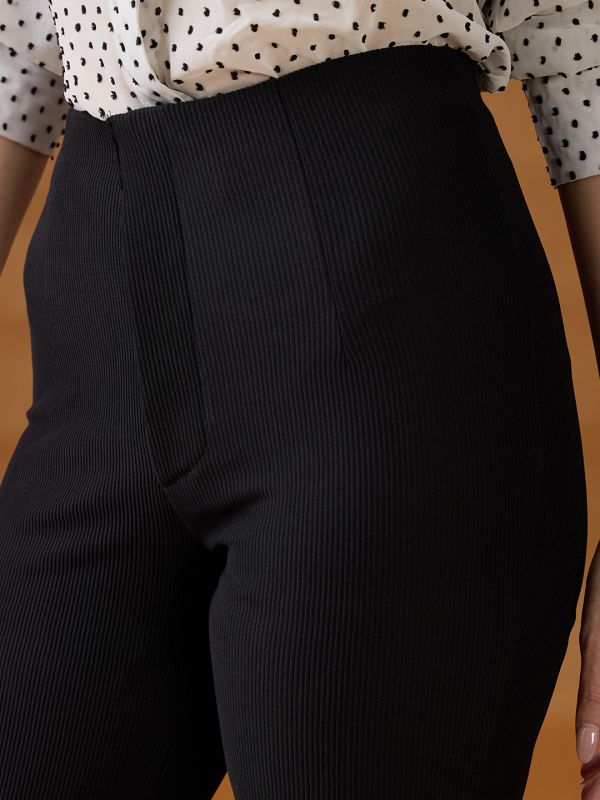 Globus Women Black Striped Mid Rise Straight Fit Trousers