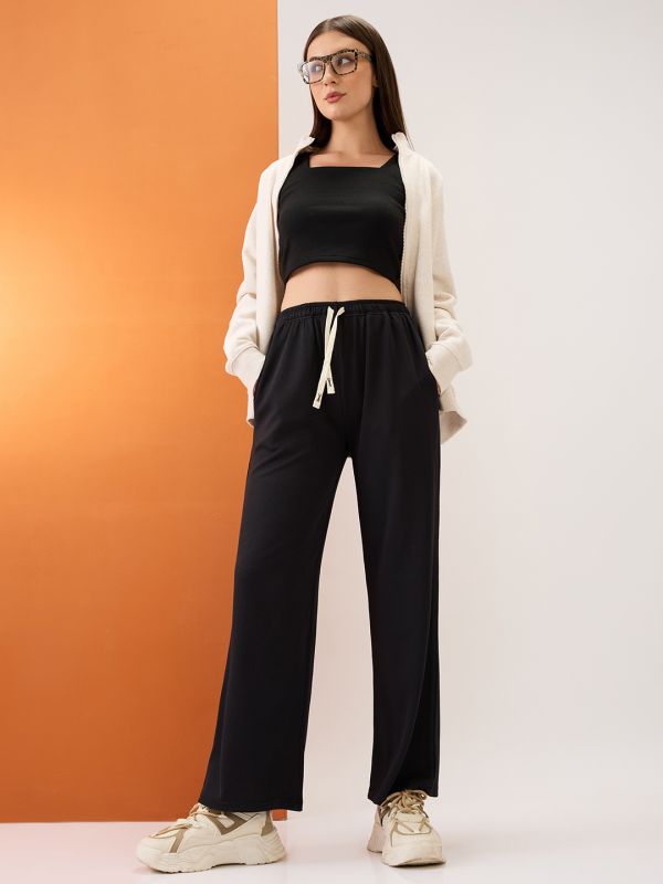 Globus Women Black Self Design Mid-Rise Stretchable Straight Fit Trousers