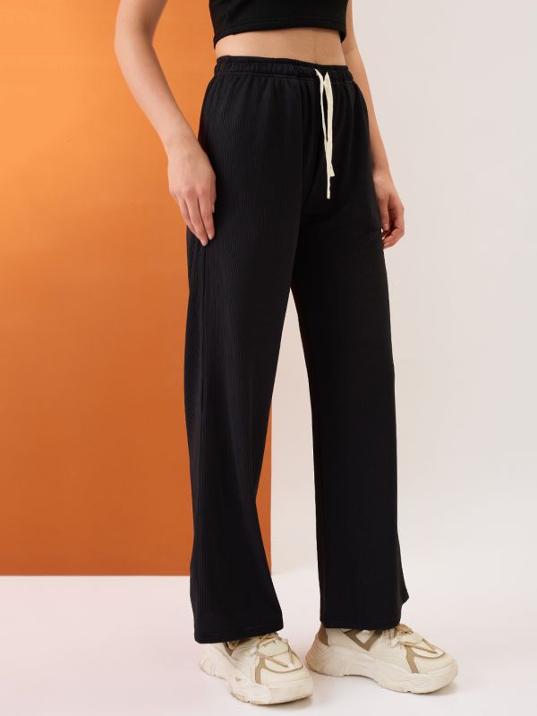 Globus Women Black Self Design Mid-Rise Stretchable Straight Fit Trousers