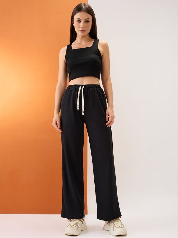 Globus Women Black Self Design Mid-Rise Stretchable Straight Fit Trousers