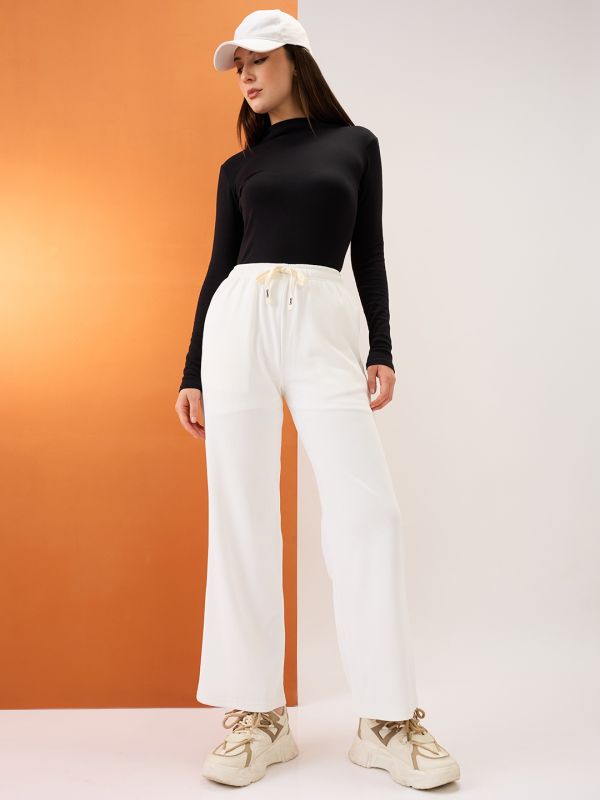 Globus Women White Self Design Mid-Rise Stretchable Straight Fit Trousers