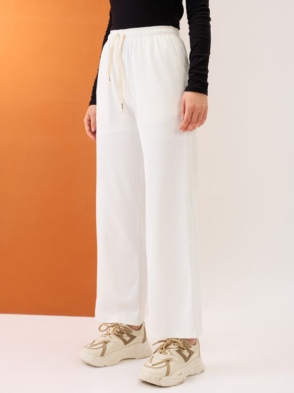 Globus Women White Self Design Mid-Rise Stretchable Straight Fit Trousers