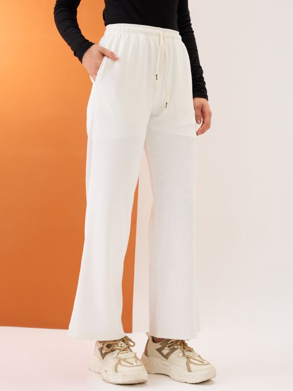 Globus Women White Self Design Mid-Rise Stretchable Straight Fit Trousers