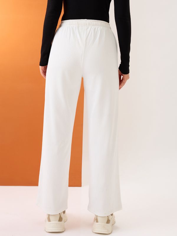 Globus Women White Self Design Mid-Rise Stretchable Straight Fit Trousers