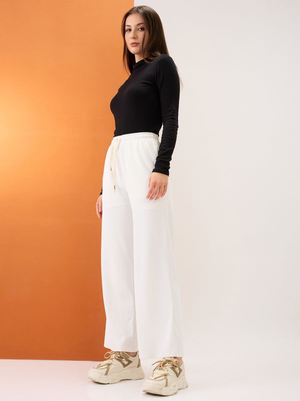 Globus Women White Self Design Mid-Rise Stretchable Straight Fit Trousers