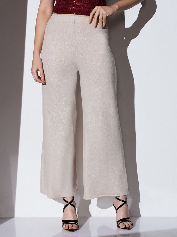 Globus Women Off White Mid-Rise Self Striped Shimmer Wide Leg Party Trousers