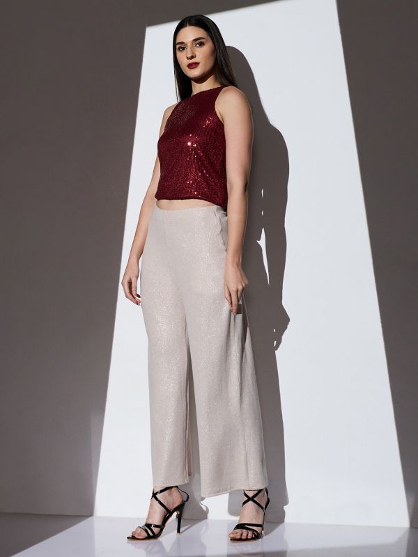 Globus Women Off White Mid-Rise Self Striped Shimmer Wide Leg Party Trousers