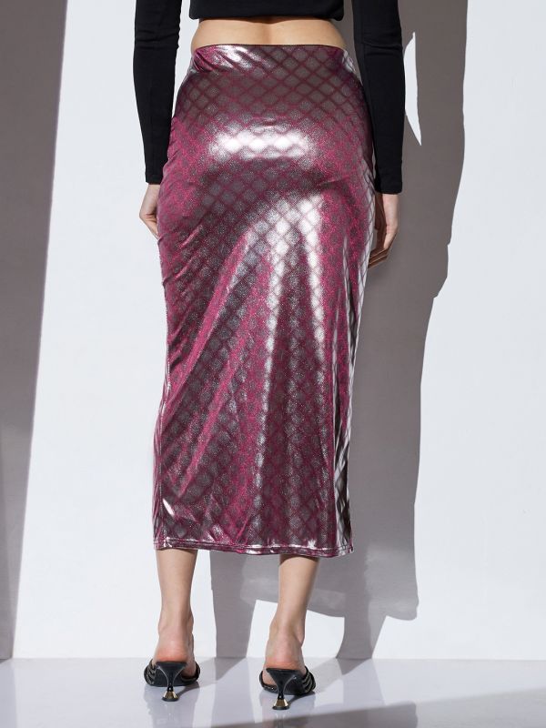 Globus Women Shimmer Silver Mid-Rise Self Design Front Slit Midi Party Pencil Skirt