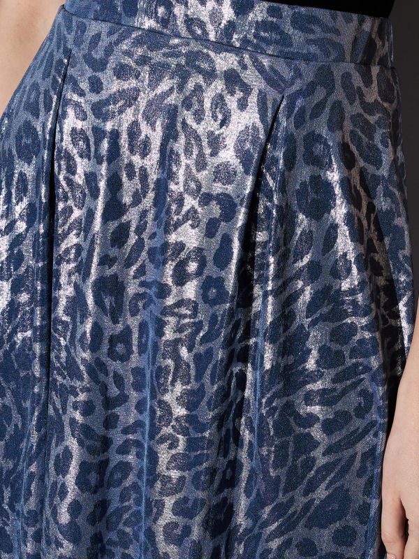 Globus Women Silver & Blue Mid-Rise Animal Print Metallic Mini Flared Party Skirt