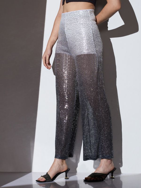 Globus Women White & Black Mid-Rise Ombre Embellished Wide Leg Party Trousers