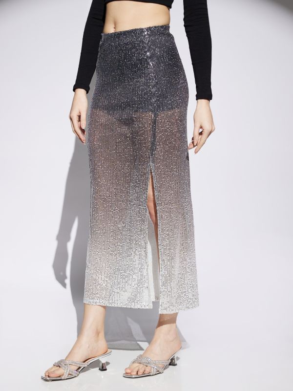 Globus Women Midnight Blue Ombre Pattern  Sequin Detail Side Slit Pencil Midi Party Skirt
