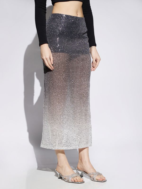 Globus Women Midnight Blue Ombre Pattern  Sequin Detail Side Slit Pencil Midi Party Skirt