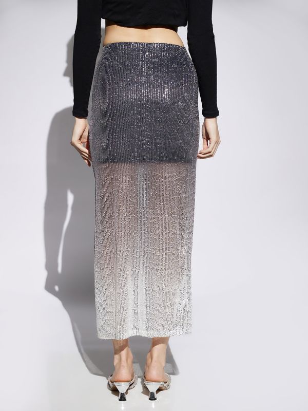 Globus Women Midnight Blue Ombre Pattern  Sequin Detail Side Slit Pencil Midi Party Skirt
