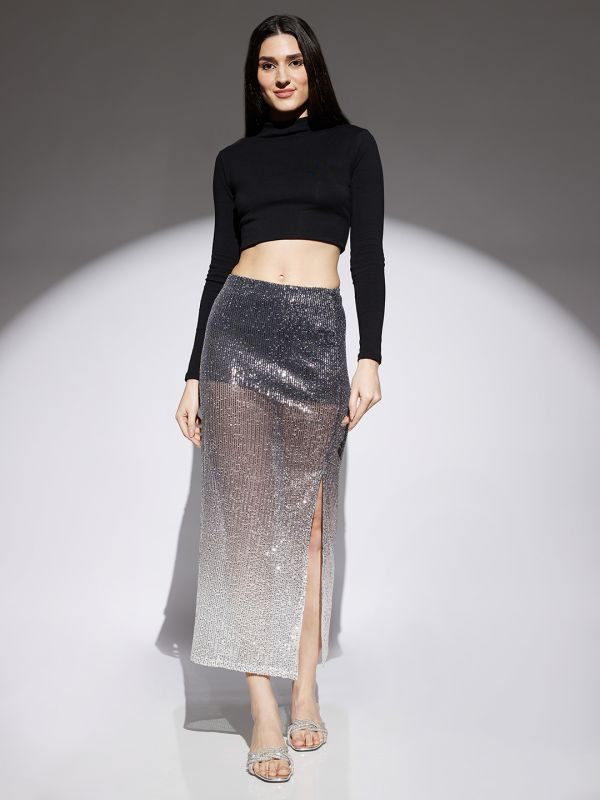 Globus Women Midnight Blue Ombre Pattern  Sequin Detail Side Slit Pencil Midi Party Skirt