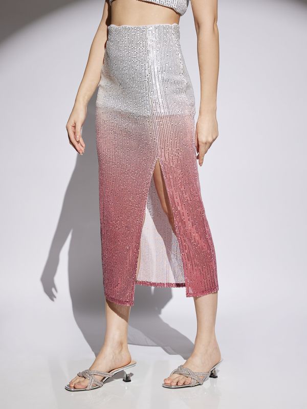 Globus Women Pink & Silver Ombre Pattern  Sequin Detail Side Slit Pencil Midi Party Skirt