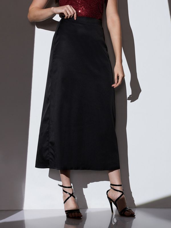 Globus Women Black Mid-Rise Solid Midi A-Line Party Skirt