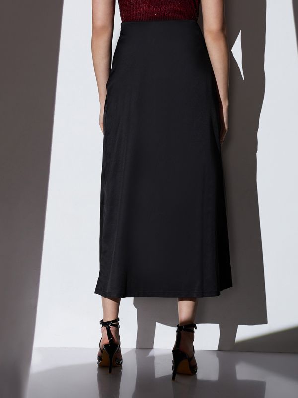 Globus Women Black Mid-Rise Solid Midi A-Line Party Skirt