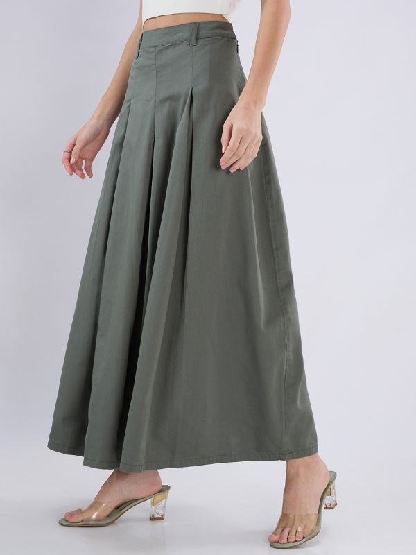 Globus Women Olive High Rise Pleated Flared Maxi Skirt with Belt Loops