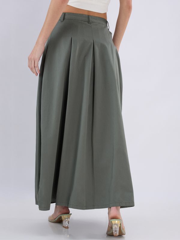 Globus Women Olive High Rise Pleated Flared Maxi Skirt with Belt Loops