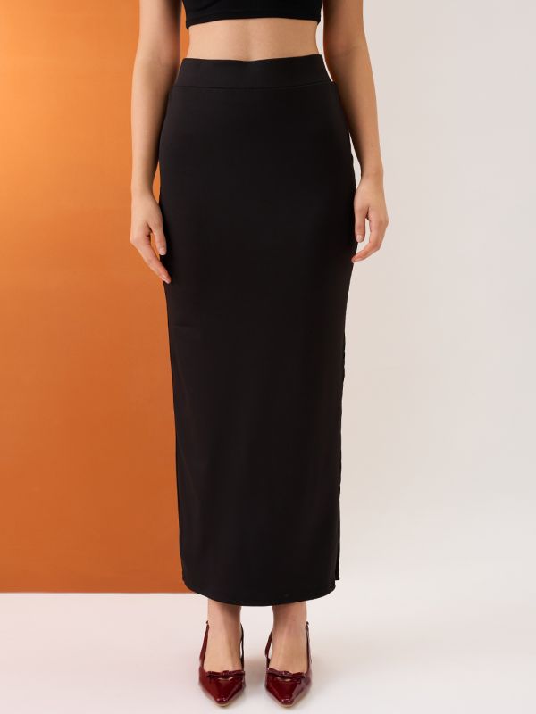 Globus Women Black High-Rise Stretchable Side Slit Maxi Pencil Skirt