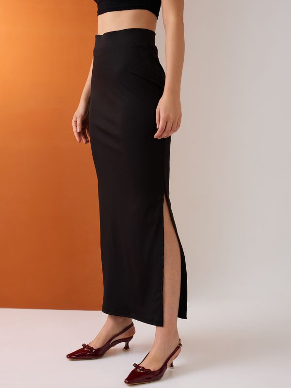 Globus Women Black High-Rise Stretchable Side Slit Maxi Pencil Skirt