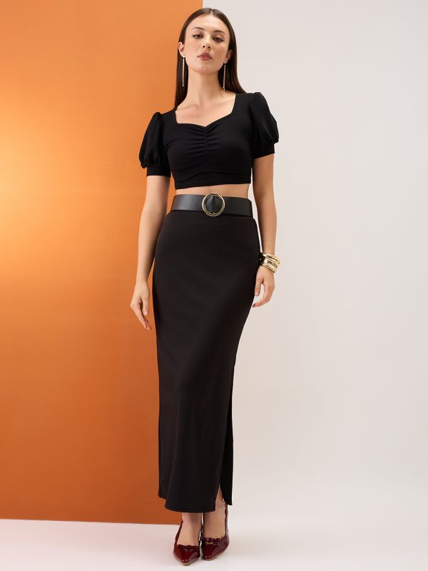 Globus Women Black High-Rise Stretchable Side Slit Maxi Pencil Skirt