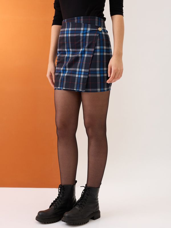 Globus Women Blue Checkered Mid-Rise Stretchable Mini Pencil Skirt
