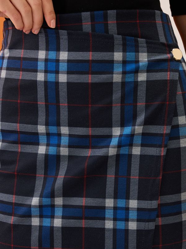 Globus Women Blue Checkered Mid-Rise Stretchable Mini Pencil Skirt