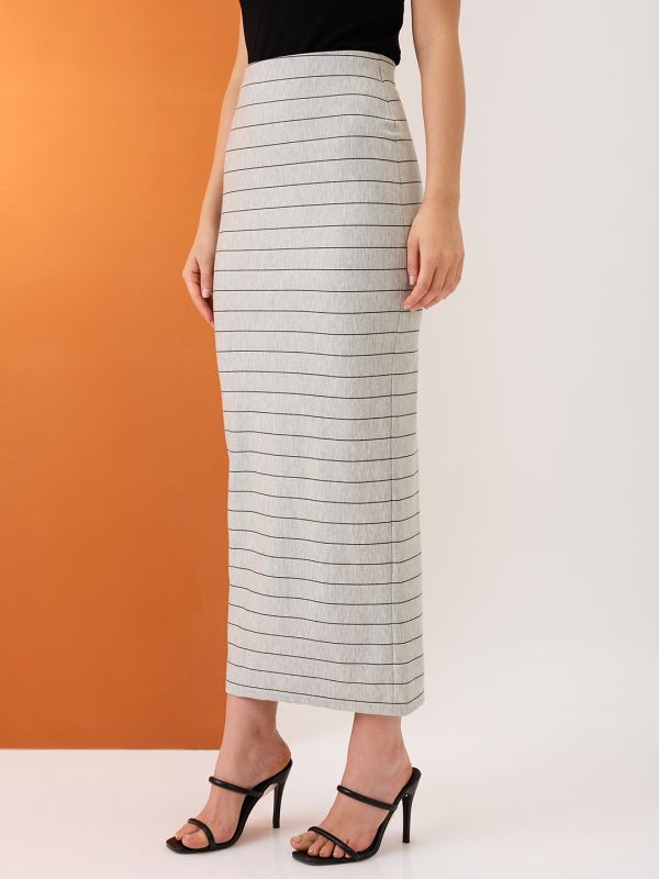 Globus Women Grey Striped Mid-Rise Stretchable Maxi Pencil Skirt