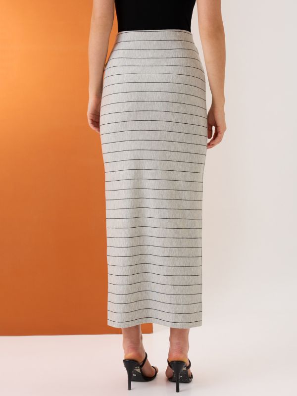 Globus Women Grey Striped Mid-Rise Stretchable Maxi Pencil Skirt