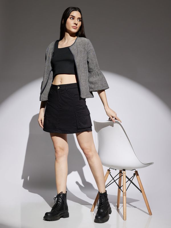 Globus Women Black Stretchable Mid Rise A-Line Cargo Mini Skirt
