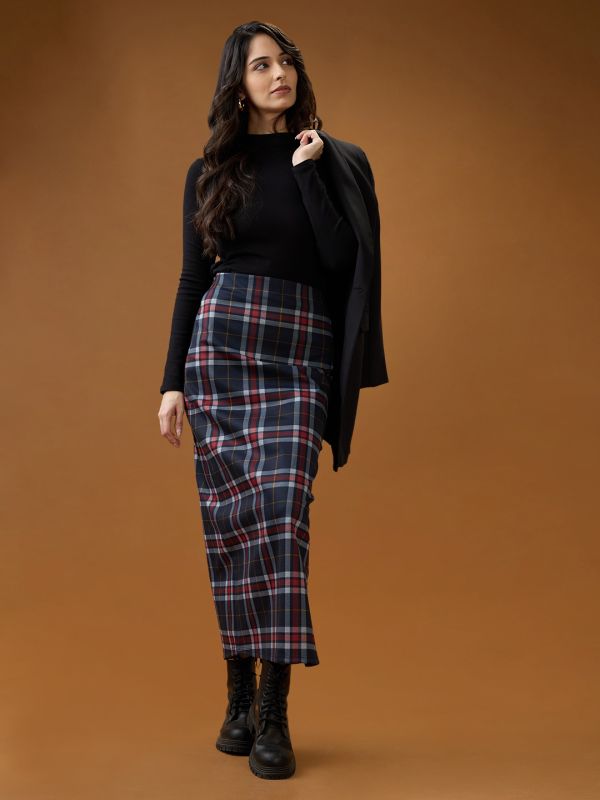 Globus Women Red Checked Mid-Rise Side Slit Straight Maxi Skirt