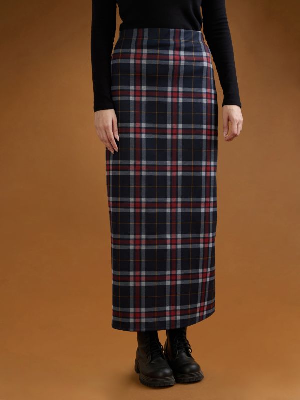 Globus Women Red Checked Mid-Rise Side Slit Straight Maxi Skirt