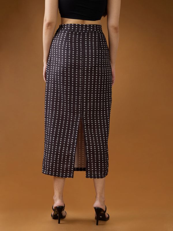 Globus Women Black & White Digital Parallel Print Mid-Rise Back Slit Straight Midi Skirt