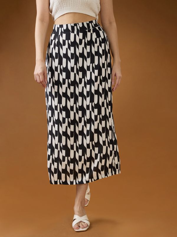 Globus Women Black & White Abstract Mid-Rise Back Slit Straight Midi Skirt