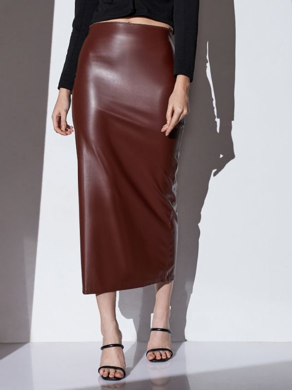 Globus Women Chocolate Brown Mid-Rise Solid Stretchable Back Slit Midi Party Pencil Skirt