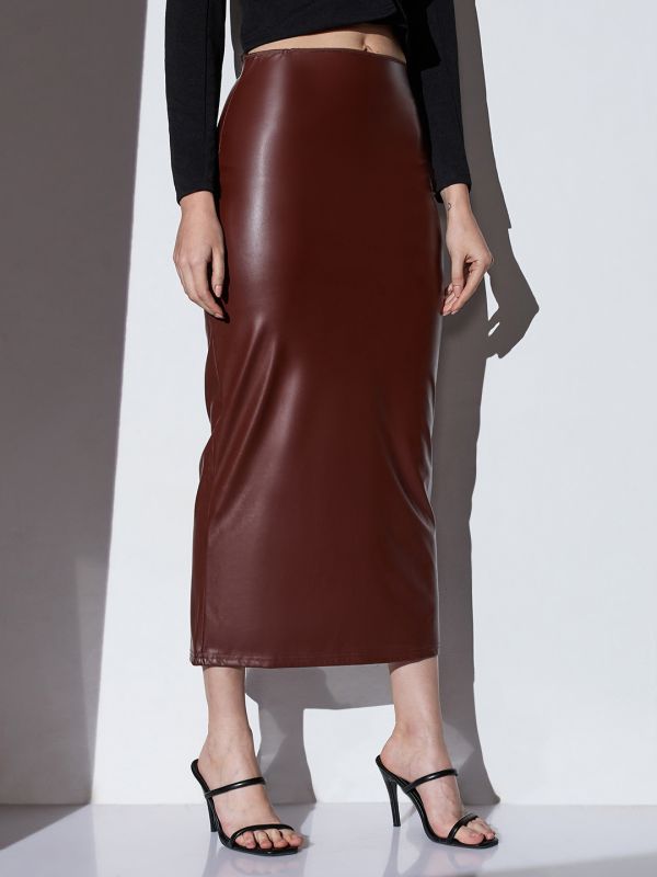 Globus Women Chocolate Brown Mid-Rise Solid Stretchable Back Slit Midi Party Pencil Skirt