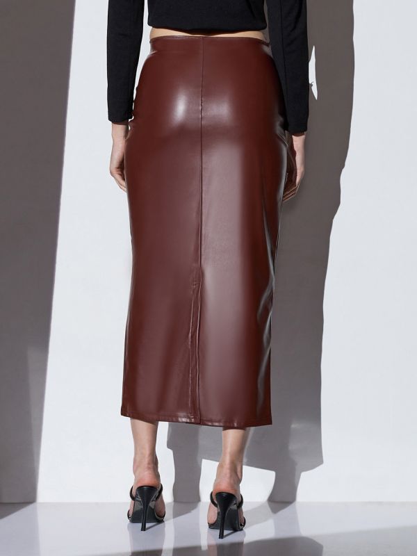 Globus Women Chocolate Brown Mid-Rise Solid Stretchable Back Slit Midi Party Pencil Skirt