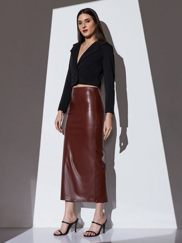 Globus Women Chocolate Brown Mid-Rise Solid Stretchable Back Slit Midi Party Pencil Skirt