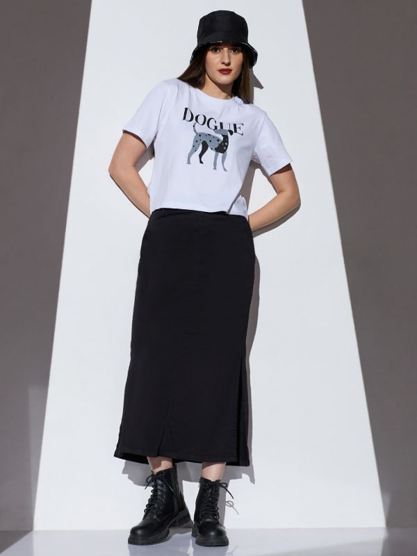 Globus Women Black Mid-Rise Solid Side Slit Straight Midi Denim Skirt